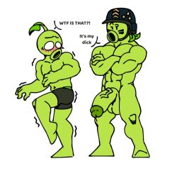 2022 2boys abs armor balls big_balls big_muscles big_penis big_testicles blush bottomwear boxers clothed clothing crossed_arms dialogue duo electronic_arts elemental_creature elemental_humanoid english_text eyebrows flora_fauna gatling_pea_(pvz) gay genitals glans green_balls green_body green_glans green_penis half-closed_eyes headgear helmet highres humanoid humanoid_genitalia humanoid_penis looking_at_another looking_at_another's_genitalia looking_at_another's_penis looking_at_genitalia looking_at_penis male male_only mega_gatling_pea_(pvz) mostly_nude muscular muscular_humanoid muscular_male narrowed_eyes navel non-human open_mouth peashooter_(pvz) pecs penis plant plant_humanoid plantie plants_vs_zombies popcap_games raised_eyebrow shaking shocked simple_background standing teosaurio3000 testicles text topless trembling underwear vein veiny_penis white_background