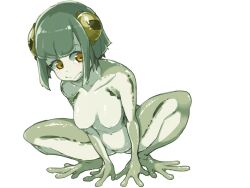 :> blush breasts closed_mouth colored_skin completely_nude female frfr frog_girl full_body green_hair highres horizontal_pupils monster_girl multicolored_skin nude original short_hair simple_background solo webbed_hands white_background yellow_eyes