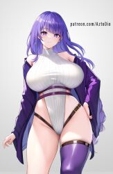 1girls ai_generated azto_dio breasts clothed clothed_female female genshin_impact hips huge_breasts leotard light-skinned_female light_skin long_hair massive_breasts purple_eyes purple_hair raiden_shogun thick_thighs thighs wide_hips