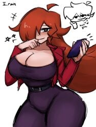 artist_name big_breasts black_belt black_eyes black_pants black_text boyfriend_(friday_night_funkin) breasts cleavage erainnn female friday_night_funkin friday_night_funkin_mod girlfriend_(friday_night_funkin) jacket long_hair red_hair stars trepidation_bf_(friday_night_funkin) trepidation_gf_(friday_night_funkin)