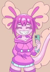 anthro axolotl big_breasts closed_eyes clothed furry pink_hair pink_skin selfie short_hair smile tails terrordark tiktok vitzy_(vitzypie) vitzypie