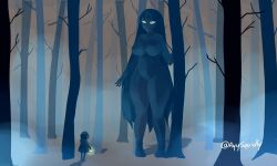 ayysquidly blue_skin eyelashes forest giantess lantern larger_female long_hair naked size_difference smaller_male tree white_eyelashes