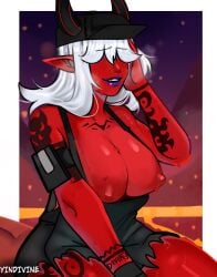 breasts breasts_out demon desdemona_(fortnite) female female_only fortnite horn horns purple_lipstick red_skin sweat tagme tattoo tattooed_arm tattoos white_hair yindivine