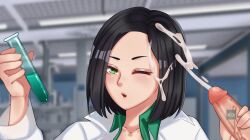 black_hair cum cumshot female green_eyes labcoat labratory light_skin looking_away male male/female mouth_open one_eye_closed short_hair valorant viper_(valorant)