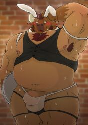 2023 anthro araiguma_11 armpit_hair belly big_belly blush bodily_fluids body_hair bovid bovine bulge cattle clothing fake_ears fake_rabbit_ears genitals kemono male mammal moobs navel nipples overweight overweight_male penis solo sweat underwear