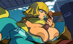 1boy 1girls areolae ass bel_(brc) blonde_hair bomb_rush_cyberfunk breasts breasts_out clothing dark_skin eduardo_squidwardo electronics female flip_phone human lipstick male multitasking nipples paizuri pale_skin phone