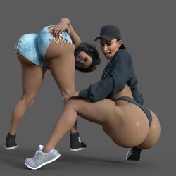 2girls 3d absurd_res dark-skinned_female dark_skin dat_ass dumptruck_ass fake_ass female female_only huge_ass kim_kardashian laced_pants lioncrud nicki_minaj