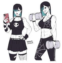 abs black_eyes black_hair blue_hair bracelet cellphone choker crop_top dumbbell earrings exercise female fishnets gothic highres jewelry multicolored_hair muscular muscular_female original phone skirt skull smartphone solo spider_web_print tank_top teeth toned tongue tongue_out wanderjegson