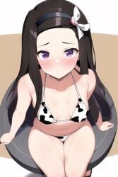 1girls ai_generated bikini black_hair blush cow_print demon_slayer female female_only hypercummies kamado_nezuko kimetsu_no_yaiba long_hair looking_at_viewer pink_eyes small_breasts solo thick_thighs