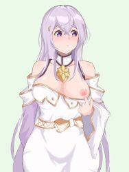 1girls breasts breasts_out chopin_oekaki circlet dress embarrassed female female_only fire_emblem fire_emblem:_genealogy_of_the_holy_war flashing highres julia_(fire_emblem) large_breasts long_hair looking_away looking_to_the_side medium_breasts nintendo nipples one_breast_out purple_eyes purple_hair simple_background solo very_long_hair