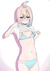 1girls ahoge bare_midriff belly_button blue_hair blush cream_hair enna_alouette exposed_torso flat_chest flat_chested glasses lifted_by_self lifting_shirt looking_at_viewer midriff navel nijisanji nijisanji_en no_pants purple_eyes shirt_lift short_hair showing_chest showing_off side_braid small_breasts solo solo_female solo_focus sweatdrop two_tone_hair underwear virtual_youtuber white_background white_hair yarashi_thought