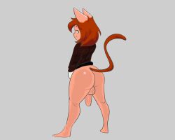 2023 ahoge animal_humanoid ass backsack balls barefoot bedroom_eyes big_butt bottomless brown_hair brown_tail cat_humanoid clothed clothing feet felid felid_humanoid feline feline_humanoid felix_(thefoolishfelix) genitals golde_(artist) goldeneyensfw grey_background hair hi_res humanoid long_sleeves looking_at_viewer looking_back male mammal mammal_humanoid narrowed_eyes naughty_face penis presenting presenting_hindquarters raised_tail rear_view seductive simple_background smile smiling_at_viewer solo standing tail tan_body tan_ears tan_skin topwear topwear_only