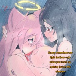 2girls armpit_hair armpits big_breasts black_hair blood blood_in_mouth breast_sucking breasts dedny_(huesosdry) dialogue enemy ghost_girl gran hi_res horny huesosdry lesbian_sex marie_(huesosdry) milk multiple_girls nude nude_female pink_hair ship shower sucking water yandere yuri