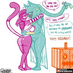 2d 2d_(artwork) affectionate ass blue-skinned_female blue_skin blush breasts breasts_out cat_ears cat_humanoid cat_tail couple couple_love crossover cuddling eldritch eldritch_horror epic_games felid feline female/female fortnite fortnite:_battle_royale heart hug hugging i_love_you imminent_kiss imminent_sex lesbian_kiss looking_at_another love lovers meow_skulls_(fortnite) minecraft nude nyanlathotep one_eye peterson pumpkin_block romantic speech_bubble sucker_for_love text yuri