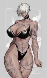 1girls 2022 2d 2d_(artwork) ass_visible_through_thighs athletic athletic_female big_breasts big_thighs black_bra black_clothing black_fingernails black_panties breasts busty butterfly_tattoo cameltoe choker cleavage clothed clothed_female collar collarbone covered_in_tattoos crossed_legs euzima_haya female female_focus female_only fingernails fit fit_female hair_over_eyes heart_tattoo hi_res highres hips hourglass_figure huge_breasts large_breasts large_thighs leather leather_clothing light-skinned_female light_skin long_fingernails merry_row_(uezima_haya) midriff muscular_thighs navel navel_piercing nipple_bulge original original_character slim slim_waist solo solo_female solo_focus standing tattoo tattoo_on_belly tattoo_on_chest tattooed_arm tattoos thick_thighs thigh_gap thighs toned toned_female voluptuous white_hair wide_hips