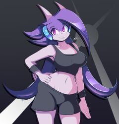 1girls big_breasts fit_female freakyed freedom_planet furry galaxytrail gym_uniform hourglass_figure long_hair purple_hair sash_lilac scalie smile solo sports_bra sportswear thick_thighs