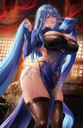 2022 2d 2d_(artwork) abs ass athletic athletic_female big_ass big_breasts big_butt big_thighs black_bra black_clothing blue_clothing blue_eyes blue_hair blue_loincloth blush bra breasts busty chinese_clothes cleavage_overflow dp-12_(yamabuki) eyebrows eyelashes fit fit_female gomi_(hakumaiteacher) hi_res highres hips hourglass_figure huge_ass huge_breasts large_ass large_breasts large_butt large_thighs light-skinned_female light_skin loincloth long_sleeve_shirt long_sleeves looking_at_viewer massive_breasts midriff navel original original_character see-through see-through_clothing side-tie_panties skimpy skimpy_clothes skindentation standing stockings straight_hair straps thick_thighs thighhighs thighs thunder_thighs tight_clothing very_long_hair voluptuous white_panties wide_hips