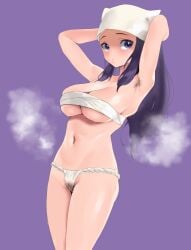 akari_(pokemon) armpit_hair armpits arms_behind_head arms_up blue_eyes blue_hair dark_blue_hair female fundoshi hat loincloth musk_clouds pokemon pokemon_legends:_arceus pubic_hair purple_background simple_background steaming_body yotamono