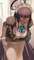 1girls 2022 2d 2d_(artwork) amber_eyes big_breasts big_thighs black_clothing black_hair blue_archive blue_bow blue_bowtie blush bow breasts cleaning_&_clearing_(blue_archive) cuffs cuffs_(clothing) curtains d: dark-skinned_female dark_skin eyebrows eyelashes female female_focus female_only gloves halo hi_res highres karin_(blue_archive) large_breasts large_thighs leggings long_hair maid maid_headdress maid_uniform millennium_science_school_student open_mouth removing_legwear saku_ram skindentation solo solo_female solo_focus stockings thick_thighs thigh_gap thighs very_long_hair white_clothing white_gloves white_legwear white_stockings worried worried_expression wrist_cuffs