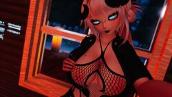 1futa 3d bed black_hair blue_eyes breasts fendravr fishnets futa_only gold_hair goth goth_girl gothic horns huge large_breasts minotaur solo stockings thick_thighs vrchat