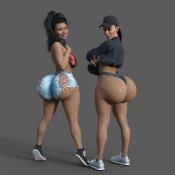 2girls 3d absurd_res ass booty_shorts dark-skinned_female dark_skin dat_ass fake_ass female female_only huge_ass kim_kardashian laced_pants lioncrud nicki_minaj