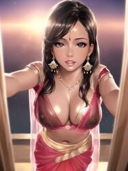 1girls ai_generated balcony big_breasts big_eyes bindi black_hair brown_eyes brown_skin busty cleavage dark-skinned_female doorway earrings exotic harem_outfit highres indian indian_female jewelry large_breasts lipstick midriff navel necklace nipples_visible_through_clothing oily sari sea see-through shiny_skin smile stable_diffusion standing_at_the_door sunset translucent_clothing voluptuous