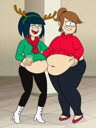 2022 2girls asian bbw belly belly_button belly_overhang big_belly blue_hair bridgette_hashima brown_hair christmas close_enough eggnog emily_ramírez fat fat_female female female_only glass holidays hyper_belly latina navel overweight overweight_female scarf scobionicle99 smile sweater thick thick_thighs weight_gain