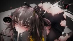 1girls ass ass_up big_ass cum female girls'_frontline highres light-skinned_female long_hair on_knees orange_eyes rkzrok thick_thighs thighs tight_clothing torn_clothes ump45_(girls'_frontline) wide_hips