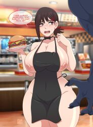 1girls alternate_breast_size apron apron_between_breasts apron_only areolae big_penis black_hair blue_penis breasts brown_eyes brown_hair burger chainsaw_devil chainsaw_man crying crying_with_eyes_open cute demon denji_(chainsaw_man) dialogue embarrassed english_text exposed_breasts exposed_nipples fast_food female fringe furanh hamburger higashiyama_kobeni huge_ass huge_breasts huge_thighs humiliation large_penis mappa monster nervous nipple_slip nipples pale-skinned_female pochita_(chainsaw_man) pochita_(devil_form) public public_nudity puffy_nipples restaurant short_hair shy small_clothes speech_bubble sweat sweating tears text thick_thighs trembling voluptuous waitress wardrobe_malfunction wide_hips workplace worried