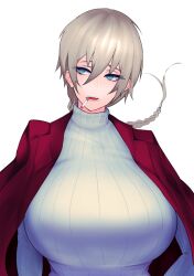 1girls big_breasts blue_eyes breasts cigarette clothed clothes clothing eyebrows eyelashes female female_only fully_clothed grey_hair huge_breasts human human_only large_breasts simple_background smoking solo solo_female tagme tokitamago white_background