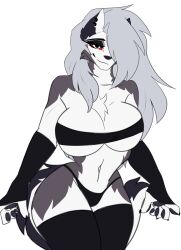 2022 2d 2d_(artwork) anthro anthro_only anthrofied arm_warmers bandeau big_breasts big_thighs bikini black_clothing black_eyes breasts busty chest_tuft cleavage covered_nipples ear_piercings furry furry_ears furry_only furry_tail grey_fur grey_hair hair_over_one_eye helluva_boss hi_res highres hips hourglass_figure huge_thighs james_andromeda large_breasts large_thighs long_hair loona_(helluva_boss) paws red_sclera slim slim_waist smirk smirking standing thick_thighs thighhighs thong voluptuous white_fur wide_hips wolf_ears