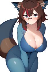 1girls ai_generated big_breasts brown_hair cleavage female_only latam_virtual_youtuber looking_at_viewer owozu pokemon pokemon_(species) rakkun simple_background vaporeon vaporeon_(cosplay) virtual_youtuber