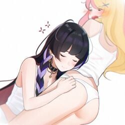 2girls ass bare_ass bare_shoulders black_hair blonde_hair blush butt cleavage closed_eyes collar duo duo_focus earrings exposed_shoulders female female_only grey_hair harunakii kotoka_torahime light_blush meloco_kyoran multicolored_hair nijisanji nijisanji_en no_pants open_mouth panties panty_pull pink_hair purple_hair sleeping sleeveless smile smiling twin_braids two_tone_hair violet_hair virtual_youtuber white_background white_panties x_hair_ornament yellow_hair