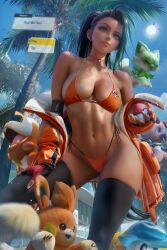 1girls absurdres aged_up alternate_version_available bikini bikini_top black_hair breasts brown_skin female fuecoco game_ui hips holding_object large_breasts long_hair midriff nemona_(pokemon) nintendo pawmi pokeball pokemon pokemon_sv quaxly rockruff sakimichan short_shorts shorts slim_waist sprigatito text_box thick_thighs thighhighs thighs wide_hips