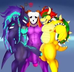 2020 2_horns 3boys american_mythology anthro arc_system_works big_vein blazblue bowser comparing comparing_penis demon elias_ainsworth gay genitals group hi_res horn humanoid hyper hyper_genitalia indigenous_north_american_mythology long_penis male male/male male_only mario_(series) musclegut muscular muscular_anthro muscular_male muscular_thighs mythology nintendo north_american_mythology penis rougetenjoname sharp_teeth susano&#039;o_(blazblue) teeth the_ancient_magus_bride trio wendigo