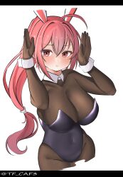 absurdres alternate_costume animal_ears black_leotard bodystocking bodystocking_under_clothes breasts brown_pantyhose bunny_pose cleavage cowboy_shot detached_collar female full_bodystocking hair_ribbon highres i-168_(kantai_collection) kantai_collection large_breasts leotard long_hair looking_at_viewer pantyhose parted_lips pink_hair playboy_bunny ponytail rabbit_ears red_hair ribbon simple_background solo tf_cafe white_background wrist_cuffs