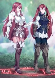 2girls bare_thighs boots breasts captured cordelia_(fire_emblem) female female_only fire_emblem fire_emblem_awakening fire_emblem_fates garter_straps gloves hair_between_eyes hair_ornament haryudanto large_breasts long_hair looking_down magic magic_circle medium_breasts mother_and_daughter multiple_girls nintendo outdoors pantyhose red_eyes selena_(fire_emblem_fates) severa_(fire_emblem) skirt slave thigh_boots thighs twintails very_long_hair