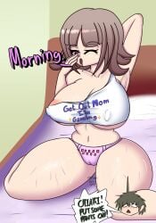 alternate_version_available bed blush breasts cameltoe cleavage danganronpa danganronpa_2:_goodbye_despair hinata_hajime large_breasts nanami_chiaki nipple_bulge panties sleepy straight_hair super_danganronpa_2 thick_thighs thighs truedarkorts