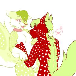 anthro breast_play breasts canid canine collar duo female food fox fruit green_body licking male male/female mamavixy mammal original_content plant red_body strawberry tongue tongue_out