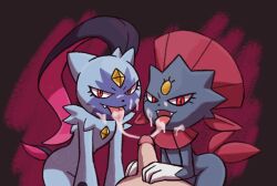 anthro cum cum_on_face lewdthealess pokémon_(species) pokemon pokemon_(species) sneasler threesome weavile