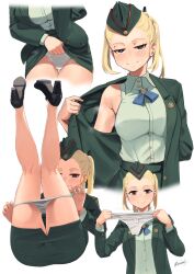 blonde_hair blue_eyes blush clothes_pull female frilled_panties frills garrison_cap girls'_frontline green_jacket green_skirt hair_bun hat high_heels highres holding holding_clothes holding_panties holding_underwear jacket kion-kun legs legs_up lifted_by_self light-skinned_female looking_at_viewer military military_uniform multiple_views pale-skinned_female panties panties_removed panty_pull serdyukov_(girls'_frontline) shirt signature simple_background single_hair_bun skirt skirt_pull sleeveless sleeveless_shirt smile smug solo solo_female steaming_body twintails underwear uniform white_background white_panties white_shirt yellow_hair