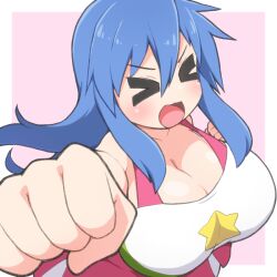 >_< 1girls big_breasts blue_hair breasts cleavage female female_focus female_only fist huge_breasts konata_izumi large_breasts long_hair lucky_star mole mole_under_eye open_mouth shirogane_hakuba solo solo_female