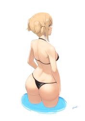 ass back bare_arms bikini black_bikini blonde_hair braid breasts facing_to_the_side female from_behind girls'_frontline highres huge_ass kion-kun medium_breasts short_hair short_twintails simple_background solo swimsuit twintails welrod_mkii_(girls'_frontline) white_background