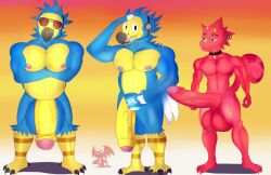 2020 abs animal_crossing anthro anthro_on_anthro anus areola ass avian balls beak biceps big_balls big_butt big_penis bird blue_body blue_eyes blue_feathers bottomwear brother brothers chameleon choker clothing columbid dialogue digital_media_(artwork) dodo duo erection eyewear feathers flick_(animal_crossing) gecko genitals group half-closed_eyes horn humanoid hyper hyper_genitalia jewelry lizard long_penis male male/male musclegut muscular muscular_anthro muscular_male muscular_thighs narrowed_eyes necklace nintendo nipples nude orville_(animal_crossing) pecs penis quads red_body red_skin reptile rougetenjoname scalie sibling simple_background smile spikes standing sunglasses talons teeth thick_thighs triceps trio wavy_mouth wilbur_(animal_crossing)