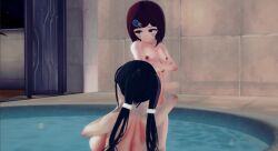 3d ass breasts chabashira_tenko completely_nude completely_nude_female danganronpa danganronpa_v3 groping groping_ass koikatsu large_ass large_breasts mole mole_on_ass straight_hair thick_ass wafles_coffe yumeno_himiko yuri