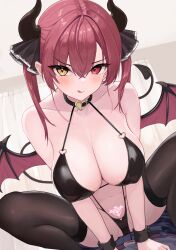 1boy 1girls black_choker breasts choker commentary cowgirl_position demon_girl demon_horns demon_tail demon_wings female female_only heart heart_choker heterochromia highres hololive hololive_fantasy hololive_japan horns houshou_marine large_breasts looking_at_viewer m_legs navel oritonagi pov pubic_tattoo red_eyes red_hair solo_focus straddling straight succubus succubus_tattoo tail tattoo thighs tongue tongue_out twintails v-shaped_eyebrows virtual_youtuber wings wrist_cuffs yellow_eyes