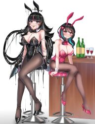 2girls bar_counter bar_stool black_hair black_ink blue_hair bunnysuit emma_llama emma_llama_(ink_cryptid) eyebrows_visible_through_hair fake_animal_ears fake_rabbit_ears female_only footstool hair_ornament indie_virtual_youtuber ink light-skinned_female light_skin llama_hair_ornament looking_at_viewer pink_eyes pink_hair sharp_teeth three_tone_hair tongue tongue_out valellamoon_(artist) virtual_youtuber wine wine_bottle x_hair_ornament