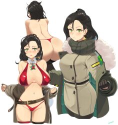 ass back bare_shoulders belt bikini black_hair blush breasts brown_belt cleavage closed_mouth coat detached_collar dress ear_piercing earrings female firearm g-string girls'_frontline green_coat green_dress green_eyes hair_behind_ear handgun highres jewelry kion-kun large_breasts leaning_forward long_hair long_neck looking_at_viewer mole mole_under_eye navel official_alternate_costume piercing python_(girls'_frontline) python_(hunting_time)_(girls'_frontline) red_bikini removing_coat revolver standing string_bikini swimsuit thighhighs thong thong_bikini weapon white_background