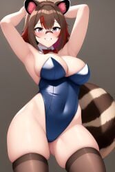 1girls ai_generated arms_behind_head big_breasts brown_hair bunnysuit female_only hispanic_female latam_virtual_youtuber looking_at_viewer medium_hair owozu racoon_ears racoon_tail rakkun simple_background smiling_at_viewer thighhighs virtual_youtuber