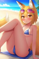 ai_generated beach bikini blonde_hair blush breasts fox_ears fox_girl fox_tail hair_ornament senko_(sewayaki_kitsune_no_senko-san) sewayaki_kitsune_no_senko-san short_hair small_breasts sunglasses sunglasses_on_head tagme yellow_eyes yellow_fur